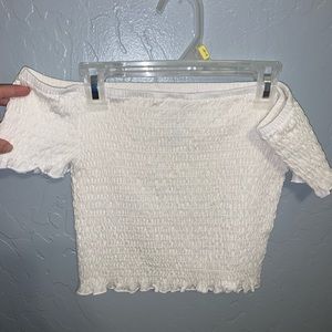 Off the shoulder white ruffle shirt